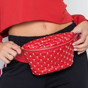 KIRA GOLD STUDDED FAUX RED LEATHER FANNY PACK